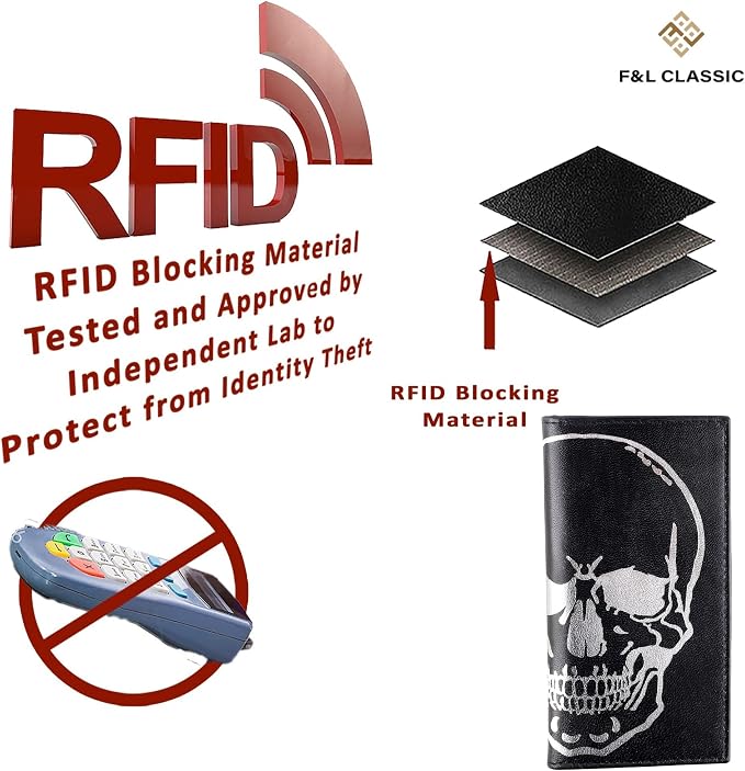 F&L CLASSIC Men's RFID Vintage Look Genuine Leather Long Bifold Wallet Checkbook Wallets,black skull,240-50 - Image 7