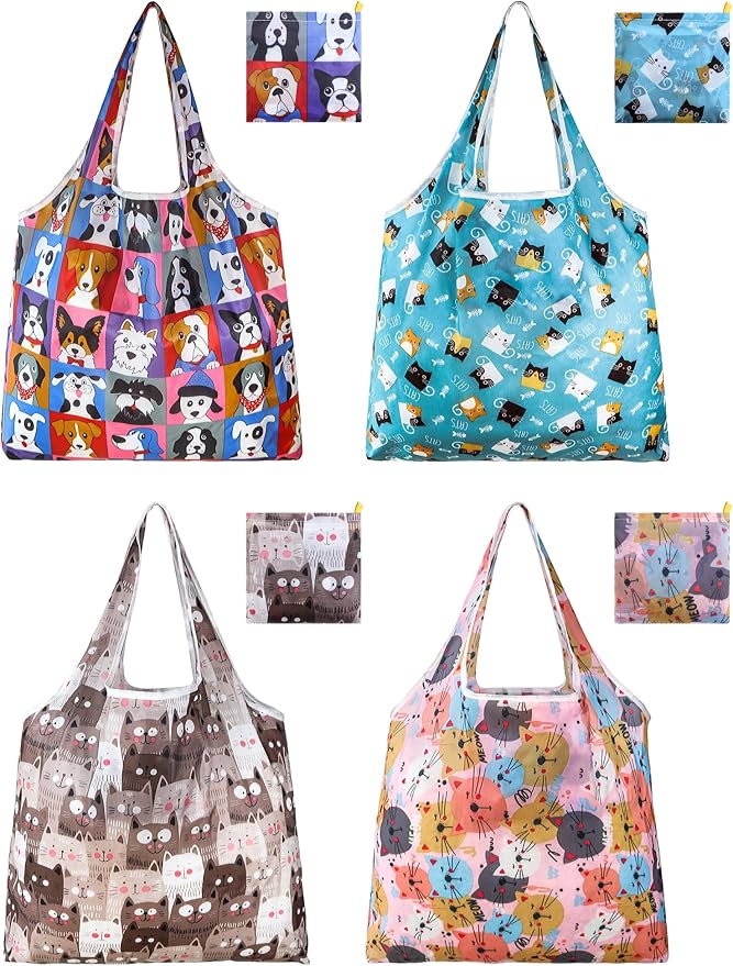 4 Pcs Reusable Grocery Bags, Foldable Shopping Bags Heavy Duty, Large Nano Bag Cute Tote Bag for Daily Shopping, Waterproof and Machine Washable (Animals) by Unknown