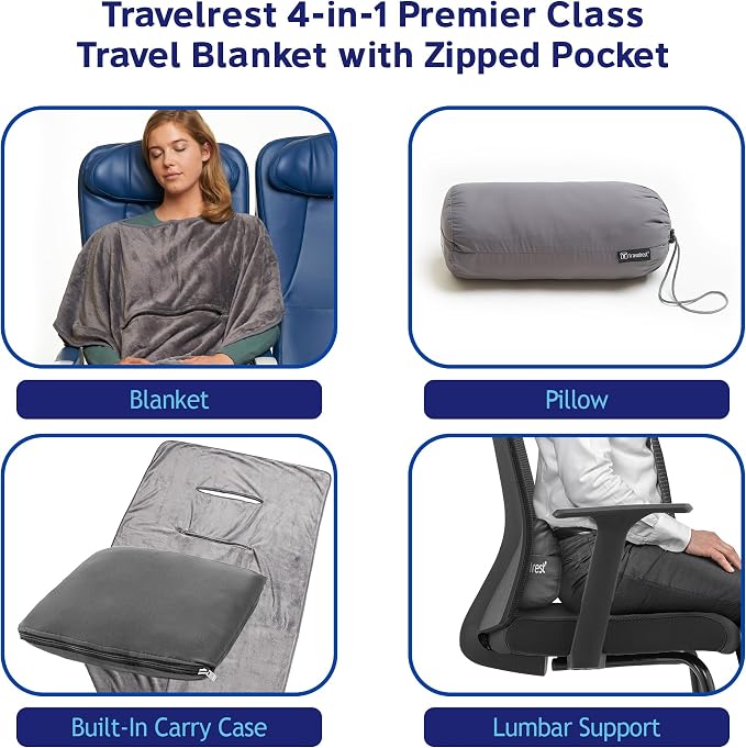 TRAVELREST 4-in-1 Travel Blanket - Comfort for Long Travel - Grey Regular | Travel Essential Pillow & Body Wrap, Soft Lightweight Blanket, Ultra-Plush Fabric, Portable Carry Case Fit For Luggage - Image 7