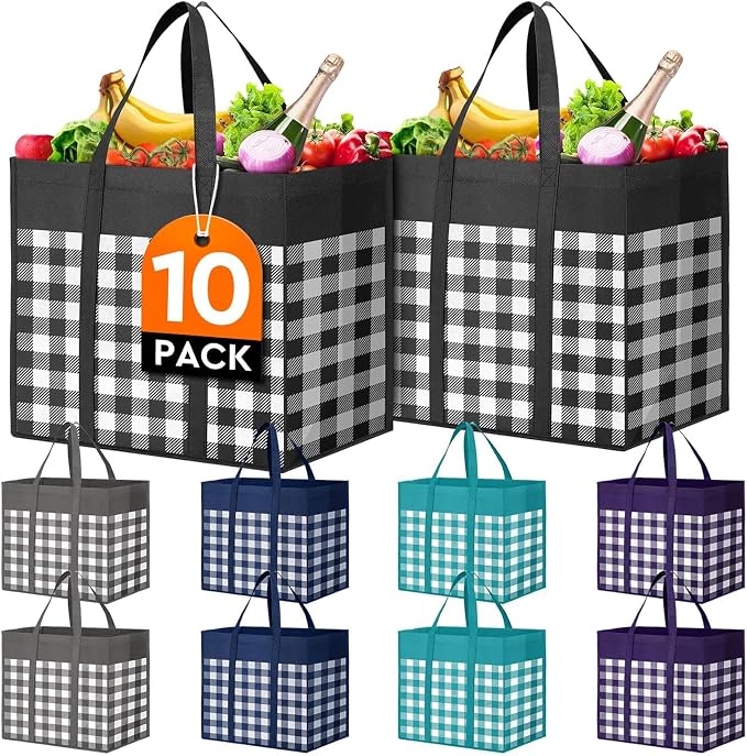 Reusable Grocery Shopping Bags 10 Pack Large Foldable Tote Bags Bulk | Eco Produce Bags with Long Handle for Shopping Groceries Clothes (Plaid A) by WiseLife