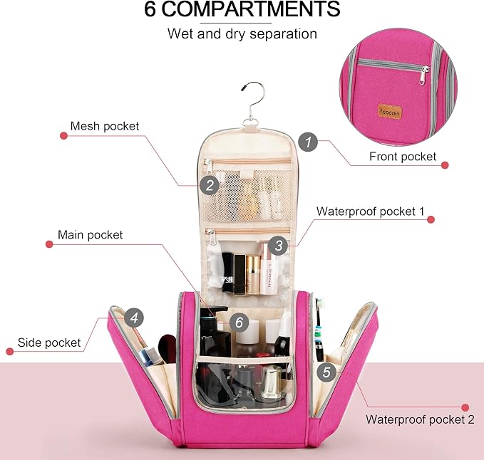 Hanging Travel Toiletry Bag for Women and Men, 6 Organizer Compartments, Extra Large Toiletries Bag, Bathroom Cosmetic Bag, Water-resistant Makeup Bag, Holds Full-Size Shampoo, Rose Red - Image 3