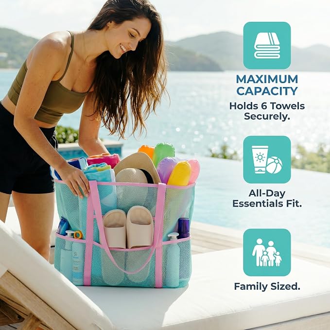 Mesh Beach Bag tote for women men cruise travel essentials swim pool towel bag for family vacation foldable must haves | foldable - Image 4