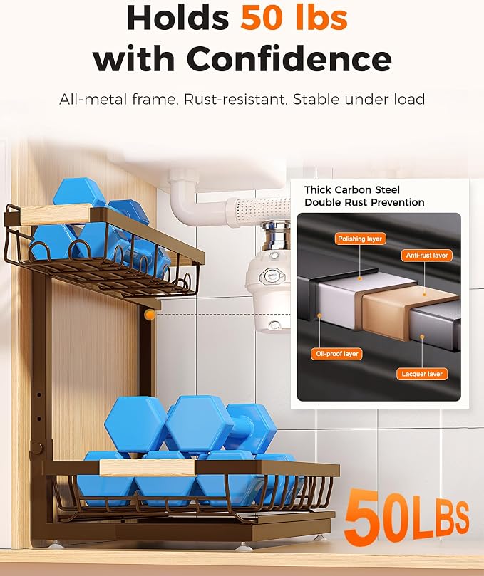 2026 Upgraded 3-Pack 2-Tier Adjustable Height Under Sink Organizer, Brown | Multi-purpose metal storage shelf with sliding shelves for kitchen, bathroom, pantry & laundry cabinet - Image 5