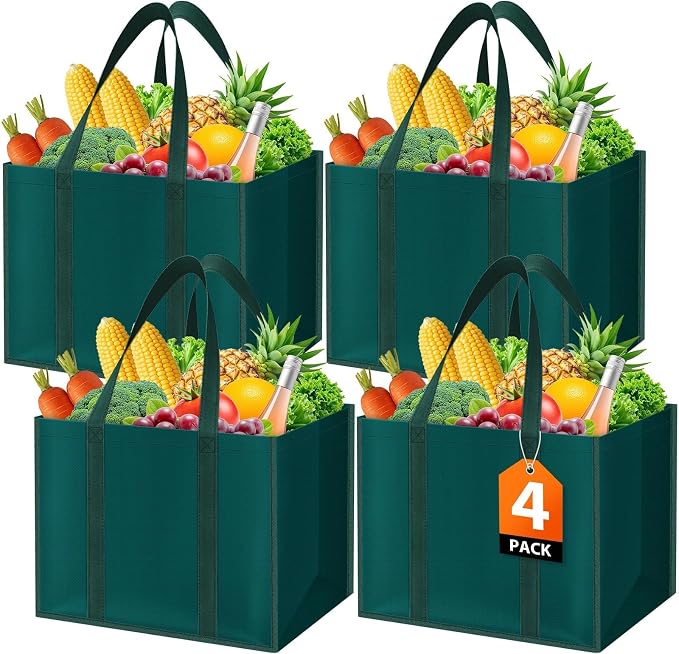 WISELIFE Reusable Grocery Bags, Foldable, Lasting Use, 35L, 4 Pack, Green | Large Shopping Bags with Reinforced Stitching, Water-Resistant Grocery Totes for Kitchen, Market, Car Trunk, Picnic by WiseLife