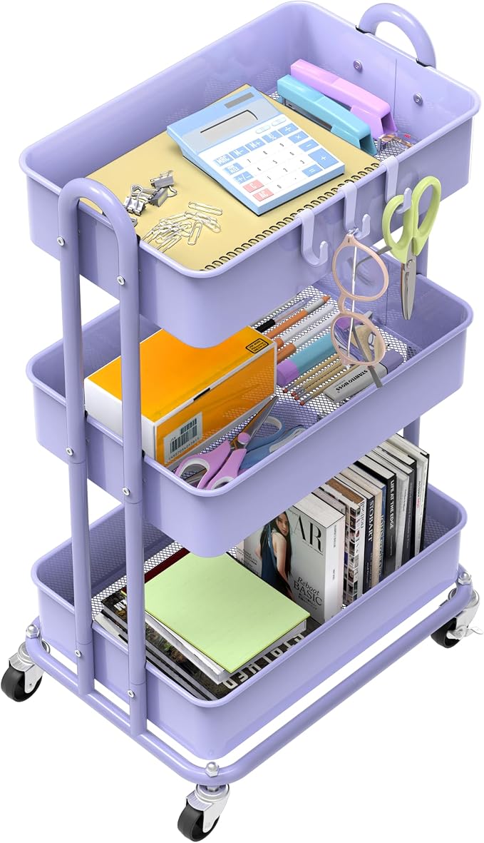 Simple Houseware 3-Tier Heavy Duty Metal Utility Rolling Cart, Purple - Image 3