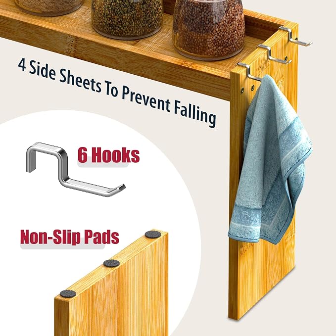 IIIOIIIA Bamboo Over the Stove Spice Shelf for Kitchen, 31.5" Spice Rack Organizer Shelf with 6 hooks, 11.4" Height Extra Storage Countertop, Easy to Assemble - Image 7