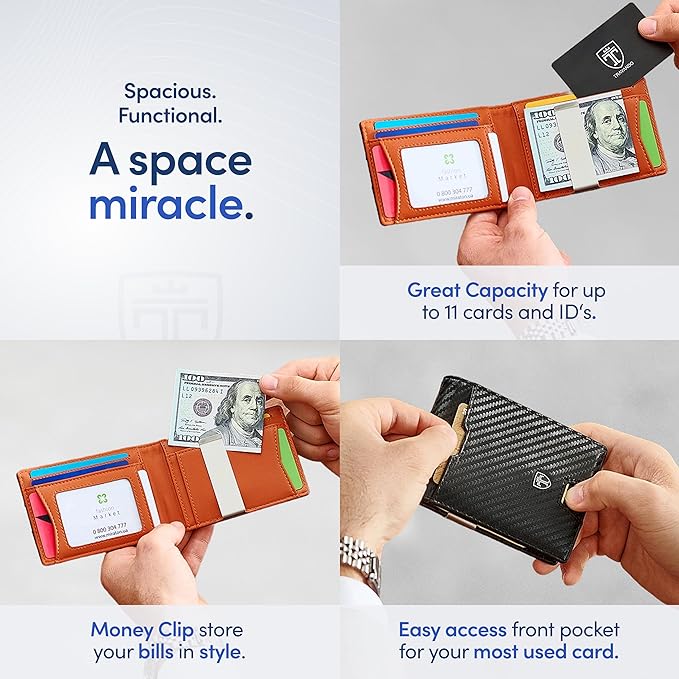 TRAVANDO Money Clip Wallet - RFID Protected Bifold Wallet for Men for 11 Cards - including Gift Box (Carbon & Orange) - Image 3