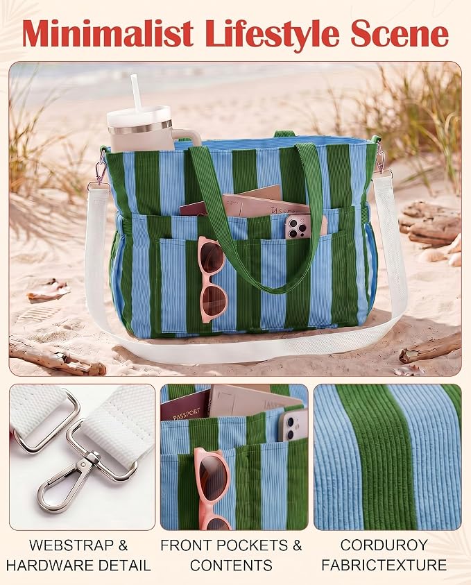 Kacctyen Striped Beach Tote Bag for Women Large Beach Foldable Tote Bag with Zipper Pockets for Travel Pool - Image 5