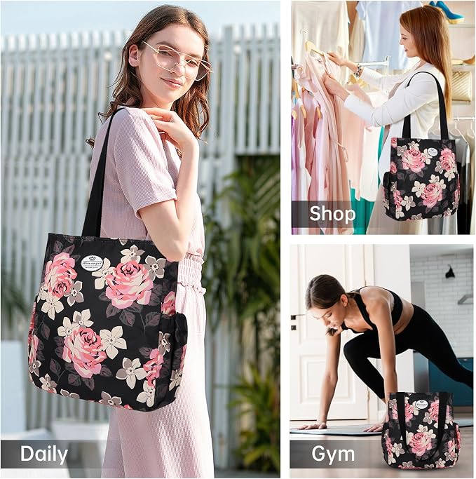 HUA ANGEL Floral Tote Bag - Casual Shoulder Bag Daily Tote Bag with Zipper Gym Travel Shopping Work Handbag for Women - Image 2