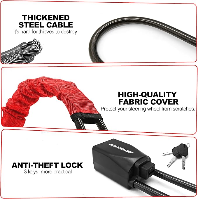 KAYCENTOP Car Steering Wheel Lock, Seat Belt Lock, Anti-Theft Device, Max 17 Inch Length, Small and Light-Weight, Multi-Functional, Fit Most Vehicle, SUV, Golf Cart Security (Red) - Image 4
