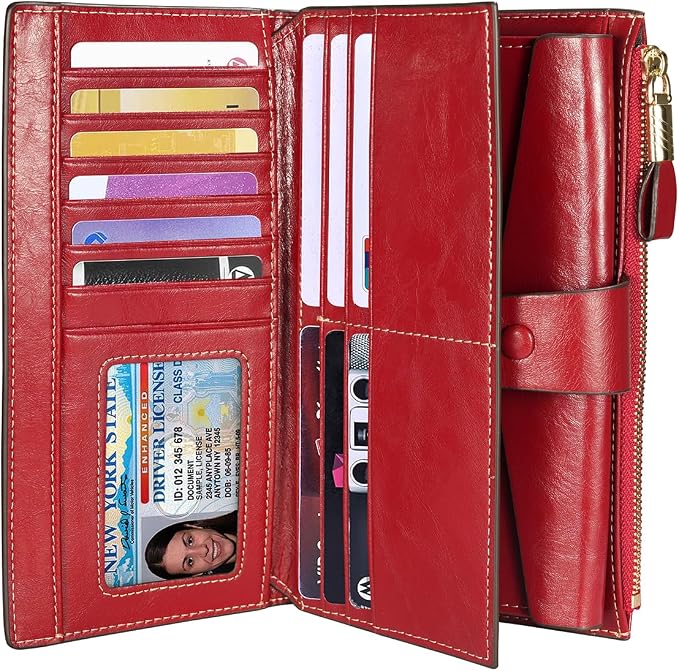 Itslife Womens RFID Blocking Large Capacity Luxury Wax Genuine Leather Wallet Clutch Ladies Card Holder, Red - Image 2