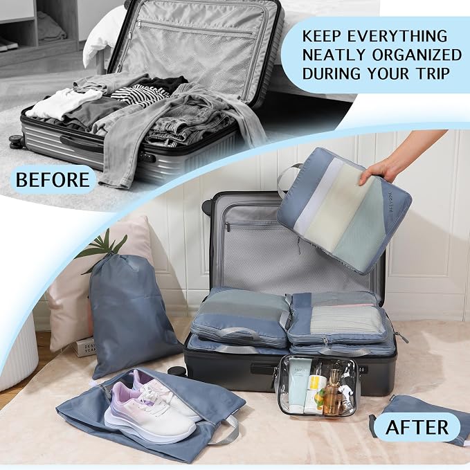 PFEYRPK Lightweight Compression Packing Cubes for Suitcases, Compressible Expandable Travel Packing Organizer with Clear Toiletries and Backpack Bag, Travel Essentials for Carry on Luggage 7 Set - Image 3