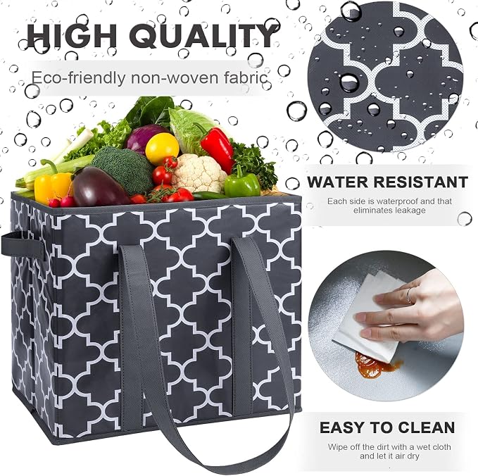 Reusable Grocery Bags 6Pack Foldable Washable Large Storage Bins, Dark Grey | Water Resistant Shopping Tote Bag Bins - Image 4