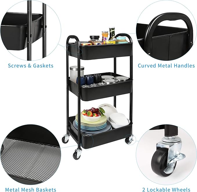 3-Tier Rolling Utility Cart with Caster Wheels Easy Assembly, Black | Easy Assembly, multi-purpose storage trolley for kitchen, rolling cart with smooth caster wheels for bathroom - Image 5