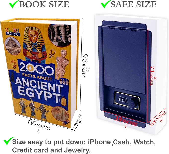 Deversion Book Safe Storage Box with Real Pages Combination Lock and Key Lock Box Money Safe Book Storage Lock Boxes for Personal Items 9.3''x6.0''x2.3'' (Egypt-Combo) - Image 9