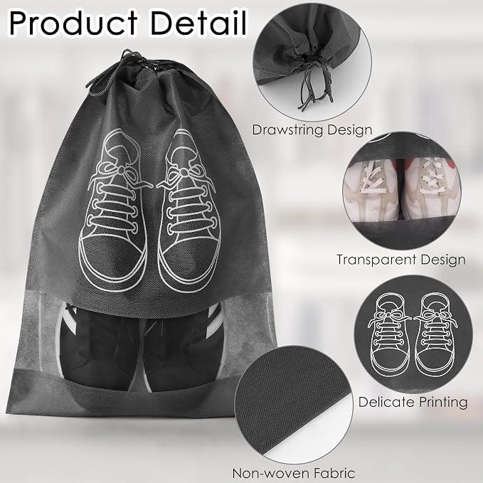 10 Pcs Portable Travel Shoe Bags, 17.3 x 12.6 Inches Waterproof Non-Woven Shoe Organizers Storage Bags, Large Drawstring Shoes Pouch Packing Organizers with Rope for Men, Women, Children - Image 3