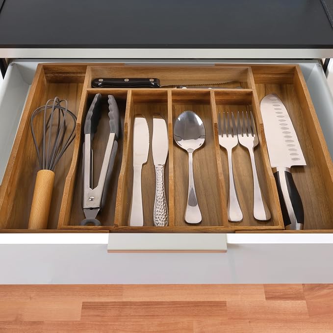 Expandable Acacia Kitchen Drawer Organizer for Cutlery and Utensils, Adjustable Acacia Wood Cutlery Tray in Drawer for Flatware and Silverware in Kitchen - Image 6