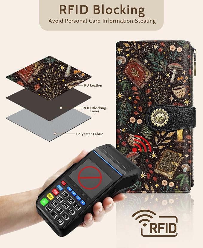 GIANCOMICS Book Mushroom Womens Wallet RFID, Goth Credit Card Holder Bifold | Billfold, Cute Cash Purse, Travel Zipper Coin Pocket, Compact Clutch, PU Leather, ID Window, 11 Card Slots, Ladies Gift Woman - Image 4
