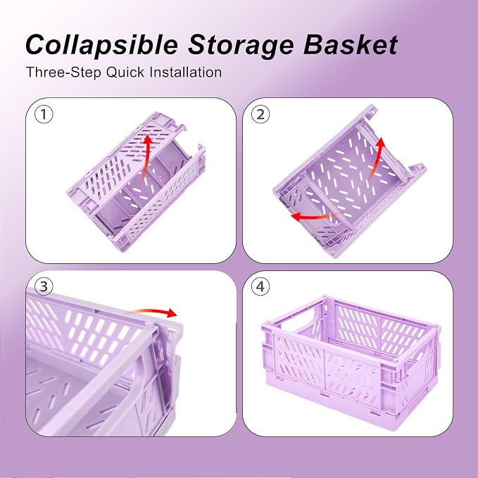 2 Pack Mini Foldable Small Plastic Baskets for Organizing and Storage，Collapsible Storage Crates,Mini Bins for Home Kitchen Bedroom Bathroom Office (Purple, Large 10x6.5x4) - Image 4