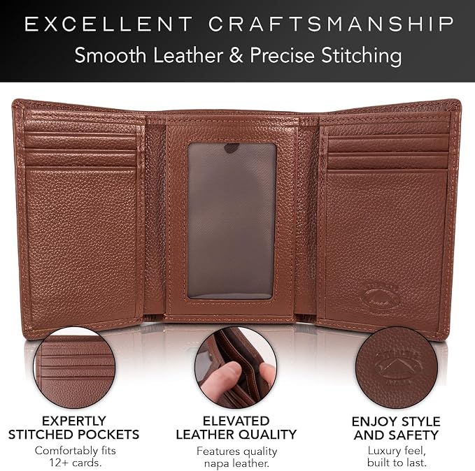 Stealth Mode Trifold Leather Wallet for Men with RFID Blocking | Brown Pebble Top Grain Napa Leather, 9 Card Slots, ID Window, Gift Box – Gift for Dad, Husband, or Son - Image 3