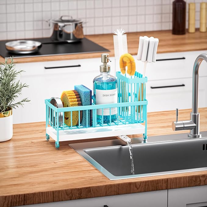 Cisily Sponge Holder for Kitchen Sink, Sink Caddy Organizer with High Brush Holder, Kitchen Countertop Organizers and Storage Essentials, Rustproof 304 Stainless Steel (Turquoise, 9.25″) - Image 6