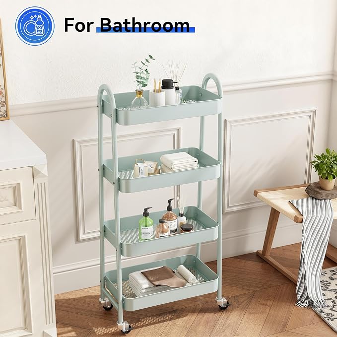 NEWBULIG 4-Tier Metal Rolling Storage Utility Cart with Lockable Wheels | Mobile Organizer Shelf, Space-Saving, Freestanding, Bathroom, Living Room, Slim, Narrow Corner Spaces, Green - Image 5