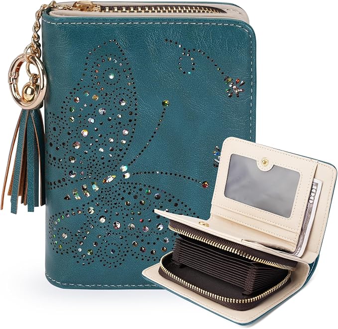 KITEVIUN Women RFID Blocking Small Bifold Wallet, Compact Cash Clutch with Zipper Coin Pocket, Glittery Butterfly Design, Credit Card Holder, Travel Purse with Tassel PEACOCK-BLUE by KITEVIUN