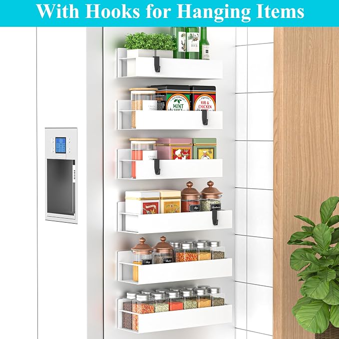 HuggieGems Metal Magnetic Spice Rack for Refrigerator White, 6 Pack | Magnetic Shelves Heavy Duty for Fridge in Kitchen, Seasoning Storage Organizer, For Oven Washer and Dryer, For Heavier Items - Image 2