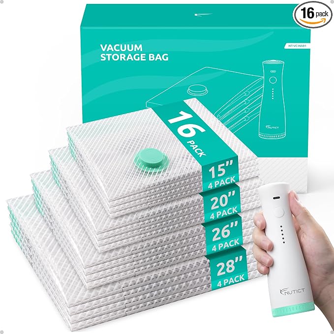 Travel Vacuum Seal Bags with Electric Pump, 16 Pack, Home Seasonal Storage | 4 Sizes, Compression Pack Bag for Clothes, Blankets, Bedding, Pillows, Extra-Thick, Reusable, Luggage & Suitcase Space Saver by NUTICT