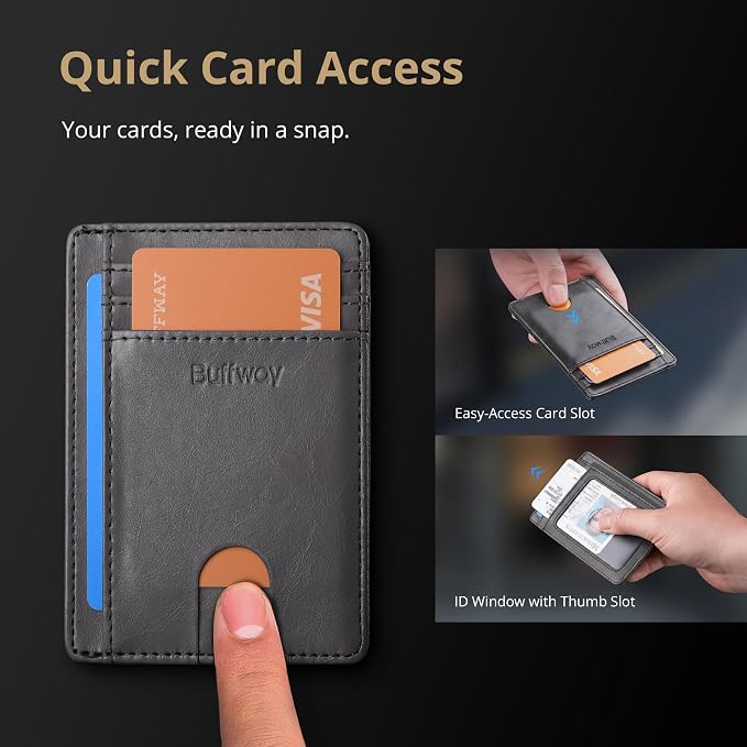 Buffway Slim Minimalist Front Pocket RFID Blocking Leather Wallets for Men and Women - Alaska Grey - Image 3