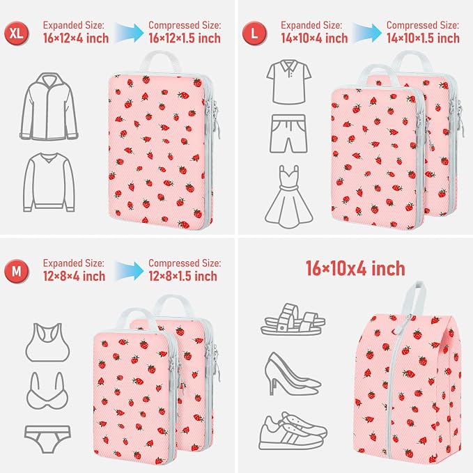 6 Set Compression Packing Cubes, Suitcase Organizer, Lightweight Travel Essentials, Compression Bags For Travel Accessories Luggage Storage Set (6Pcs, Pink Strawberries) - Image 2