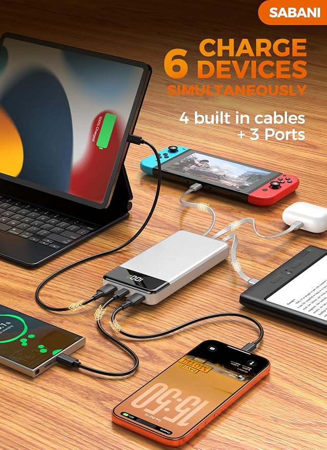 SABANI Portable Charger 35000mAh Power Bank, 4 Built in Cable Big Capacity | Ultra Slim, 22.5W Fast Charge, Travel Camping Essential, USB C External Battery Pack for iPhone Samsung Android, Silver - Image 4
