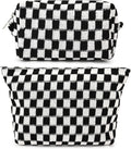 SOIDRAM 2 Pieces Black Makeup Bag Large Checkered Cosmetic Bag Capacity Canvas Mix Travel Toiletry Bag Organizer Cute Makeup Brushes Aesthetic Accessories Storage Bag for Women, Checkered Mix Black by SOIDRAM