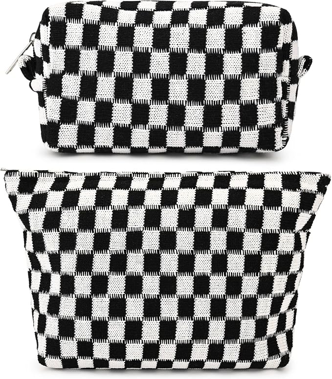 SOIDRAM 2 Pieces Black Makeup Bag Large Checkered Cosmetic Bag Capacity Canvas Mix Travel Toiletry Bag Organizer Cute Makeup Brushes Aesthetic Accessories Storage Bag for Women, Checkered Mix Black by SOIDRAM