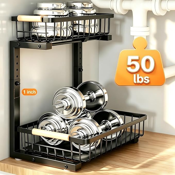 Under Sink Organizer, 2 Pack Height Adjustable Under Sink Organizers and Storage, 2 Tier Pull Out Drawer Cabinet Storage for Kitchen Bathroom - Image 7