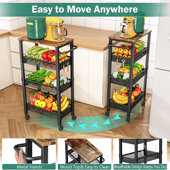 Vivihomety 4-Tier Laundry Utility Rolling Cart with Wheels, Metal | Narrow 8.1" wide, lockable wheels, wood top panel, metal frame, for laundry room, small spaces, pantry, tight gaps, Black - Image 5