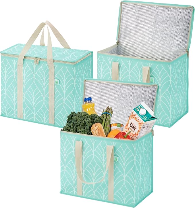 VENO 3 Pack Insulated Cooler Bag Reusable Grocery Bag for Food Delivery | Heavy Duty Large Collapsible Cooler Shopping Tote w/ Zippers, Foldable, Stands Upright for Camping Picnic(Evergreen, 3 Pack) by Veno