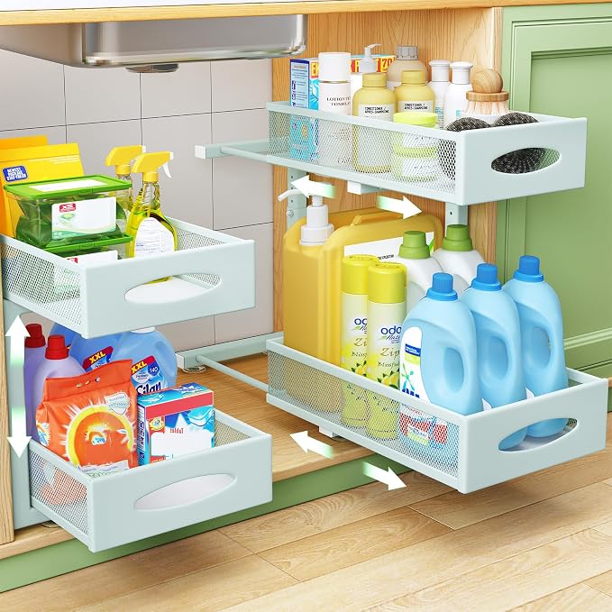 2 Pack Under Sink Organizer, 2 Tier Pull out Cabinet Organizer Mesh Baskets with 5 Adjustable Heights, Sliding Drawers Storage Shelf for Home, Kitchen, Bathroom, Pantry, Office, Countertop ,Blue by Kitstorack