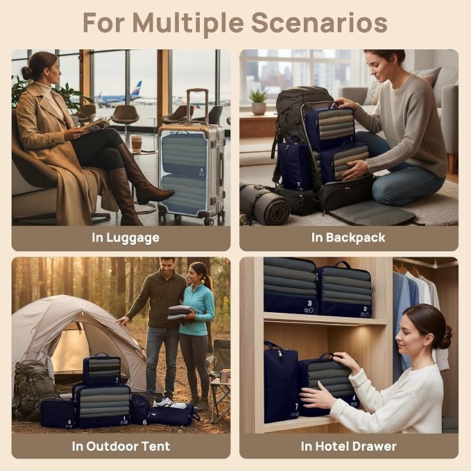 7 Set Compression Packing Cubes for Travel, Luggage Organizer Bags for Suitcases with Mesh Panels, Shoe Bag & Toiletry Bag for Carry On, Vacation & Cruise Essentials (Navy Blue) - Image 9