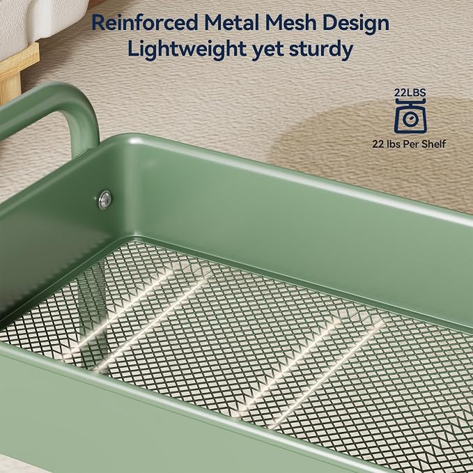 3-Tier Rolling Cart, Green, 66 Pounds Capacity, Mesh Storage Organizer with Lockable Wheels, 3 Hanging Cups, 4 Hooks, Easy Assembly, for Kitchen, Bathroom, Laundry, Grocery | Sturdy Rolling Storage Cart With Hooks & Hanging Cups, Great For Craft, Art W... - Image 7