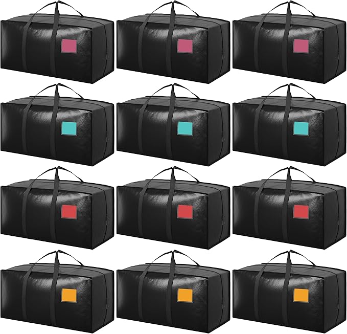 12 Pack Moving Bags with Full-Open Side Zipper, Extra Large 93L Heavy Duty Waterproof Foldable Storage Totes for College Dorm, Moving & Home Organization Black by RMOHRO