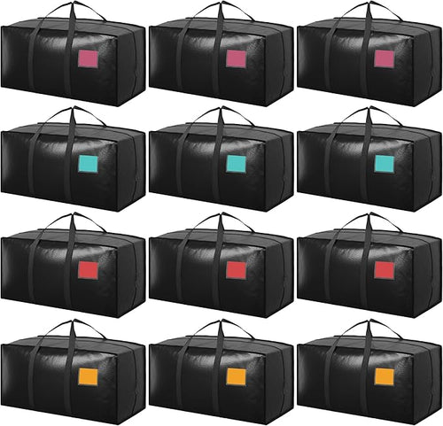 12 Pack Moving Bags with Full-Open Side Zipper, Extra Large 93L Heavy Duty Waterproof Foldable Storage Totes for College Dorm, Moving & Home Organization Black by RMOHRO