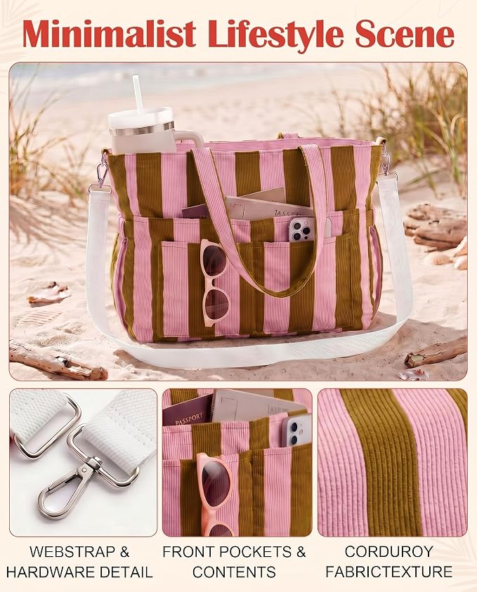 Kacctyen Striped Beach Tote Bag for Women Large Beach Foldable Tote Bag with Zipper Pockets for Travel Pool - Image 5