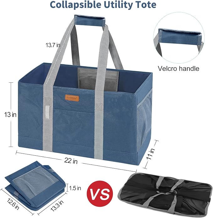 WONDAY DarkBlue Foldable Utility Tote Bag, Reusable Grocery Bag | 22x11x13in, holds 50lbs, 600D Oxford fabric with PP board bottom, folds flat, side panels only, not self-standing - Image 6