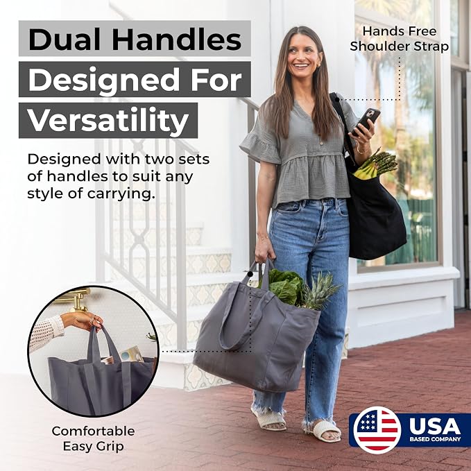 VeraMia Canvas Grocery Bag 3pc XL Set with Real Pockets, Long Shoulder Strap and Short Handle. Heavy Duty, Foldable, Washable - Image 2