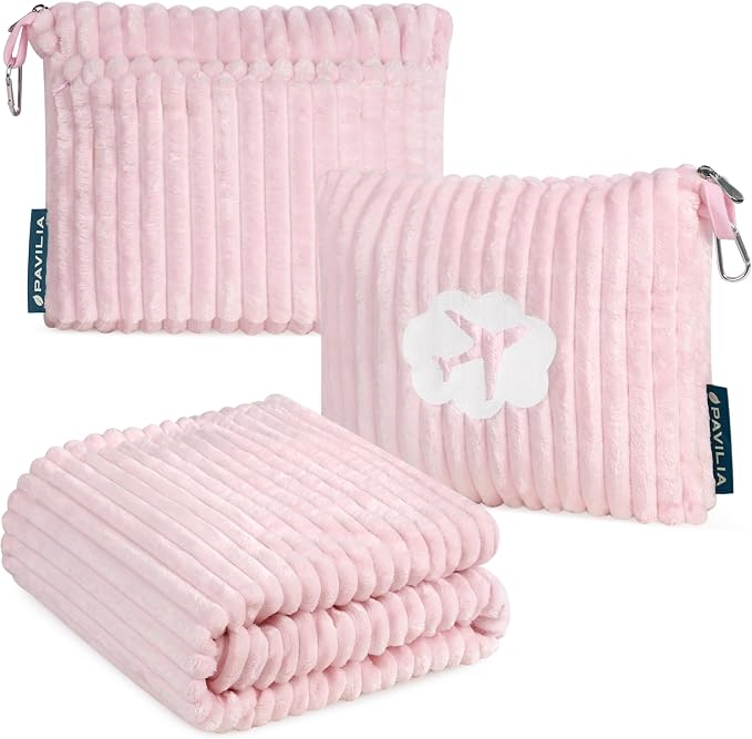PAVILIA Travel Blanket Pillow, Soft Ribbed Fleece Airplane Blanket, Pink | 65x40, Compact Packable Plane Throw with Bag, Luggage Strap and Back Pocket, Cozy Flight Essentials Travelers Camping Gift by PAVILIA