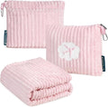 PAVILIA Travel Blanket Pillow, Soft Ribbed Fleece Airplane Blanket, Pink | 65x40, Compact Packable Plane Throw with Bag, Luggage Strap and Back Pocket, Cozy Flight Essentials Travelers Camping Gift by PAVILIA
