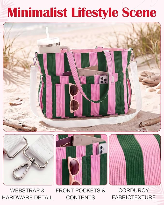 Kacctyen Striped Beach Tote Bag for Women Large Beach Foldable Tote Bag with Zipper Pockets for Travel Pool - Image 6