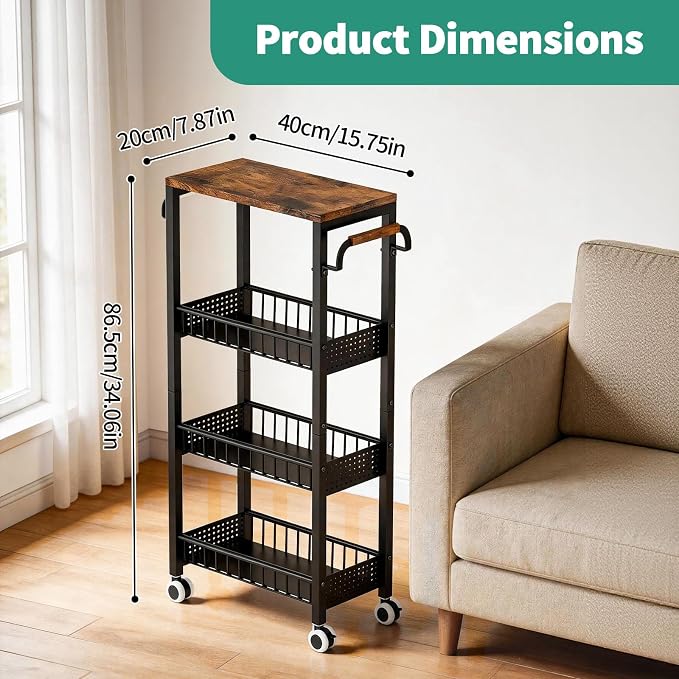 4 Tier Rolling Cart, Metal Utility Slim Storage Carts with Wheels, Small Mobile Shelf Unit Organizer Trolley with Handle and Wood Top, Rolling Cart for Laundry, Bathroom, Kitchen - Image 4