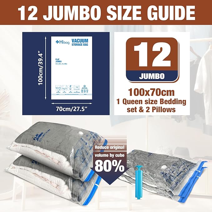 12 Jumbo Vacuum Storage Bags for Bedding, Vacuum Seal Bags for Clothing | Extra Large XL, Airtight Triple Seal, Save 80% Space, Hand Pump, Work with Vacuum, Double Zip, Reusable, Easy to Use - Image 2